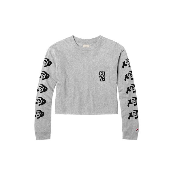 A gray cropped long sleeve t-shirt with C-U year seventy-six on a left chest pocket, and repeating C-U buffalo logos down the sleeves.